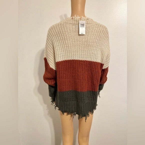 Hyfve Women's Striped Colorblock Knit Pullover Long Sleeve V-neck Loose Sweater - Picture 9 of 14